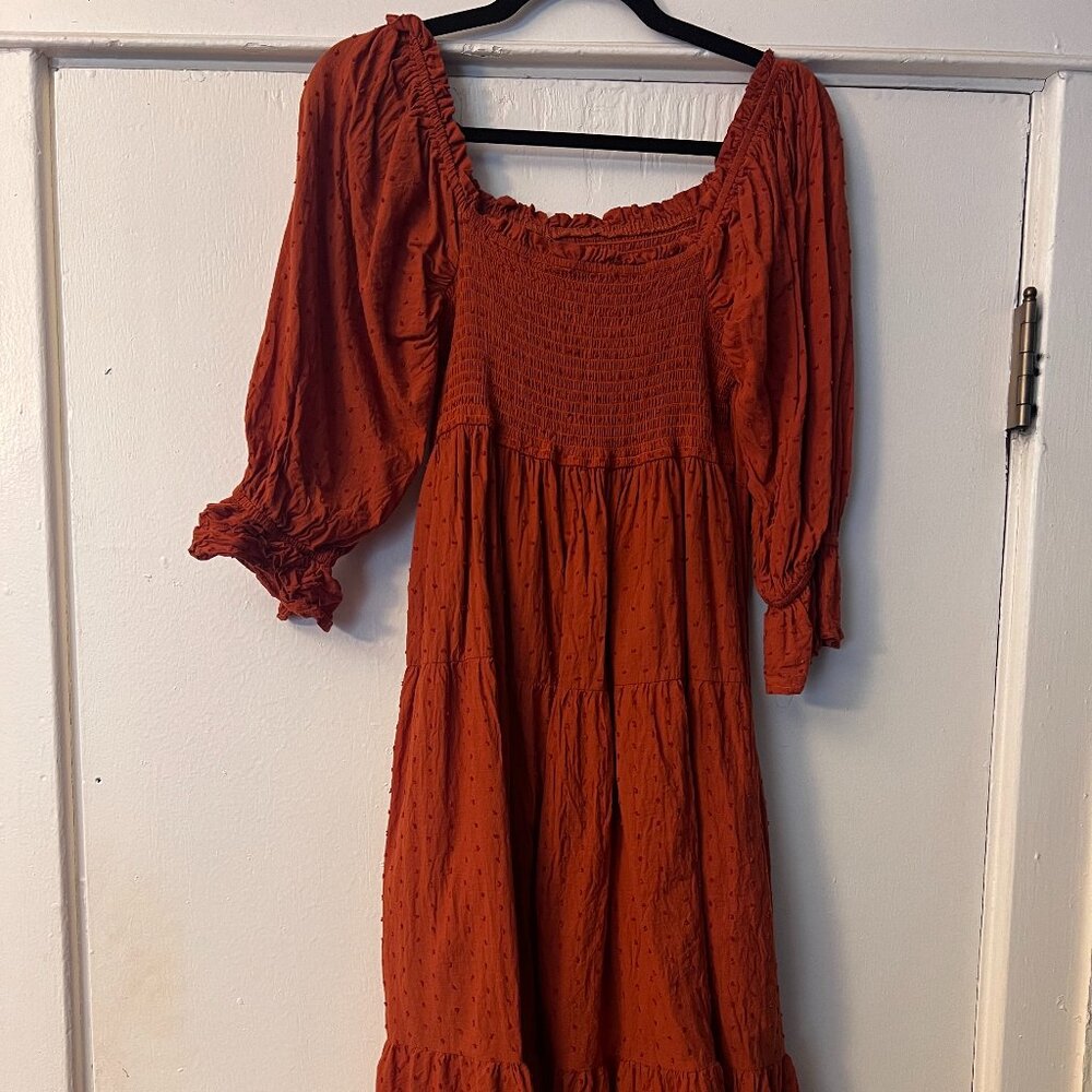 Orange Smocked Midi Dress